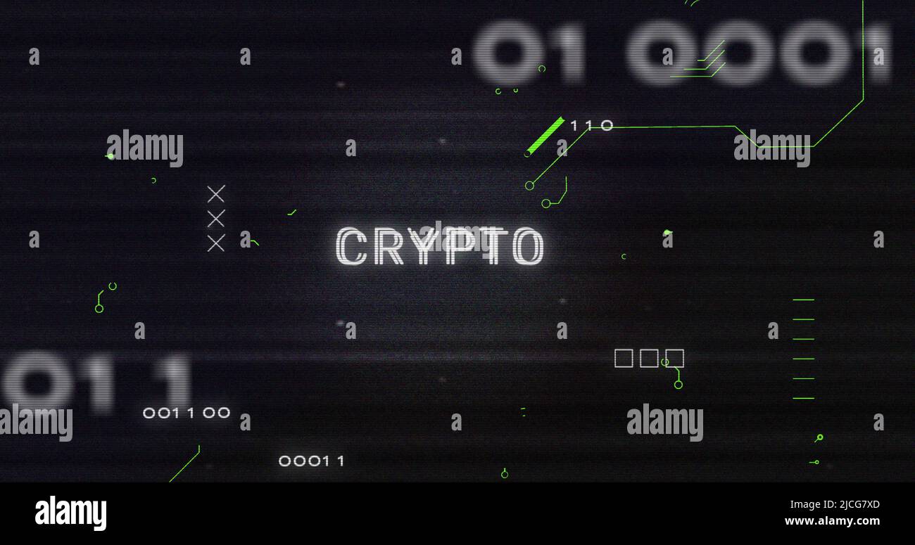 Image of interference over crypto text, data processing and computer circuit board Stock Photo