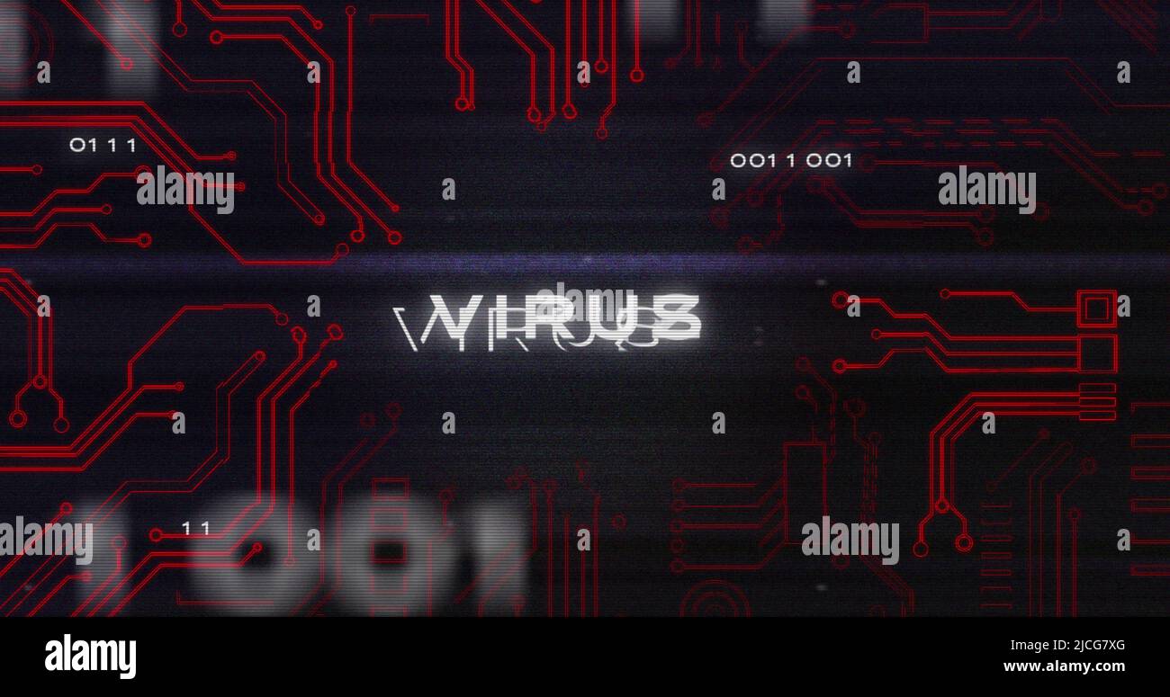 Image of interference over virus text, data processing and computer circuit board Stock Photo