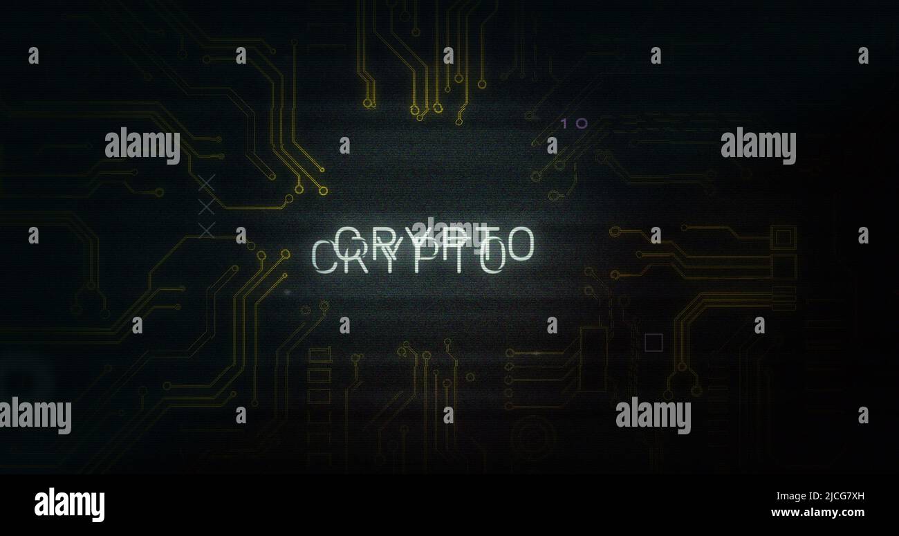Image of interference over crypto text, data processing and computer circuit board Stock Photo