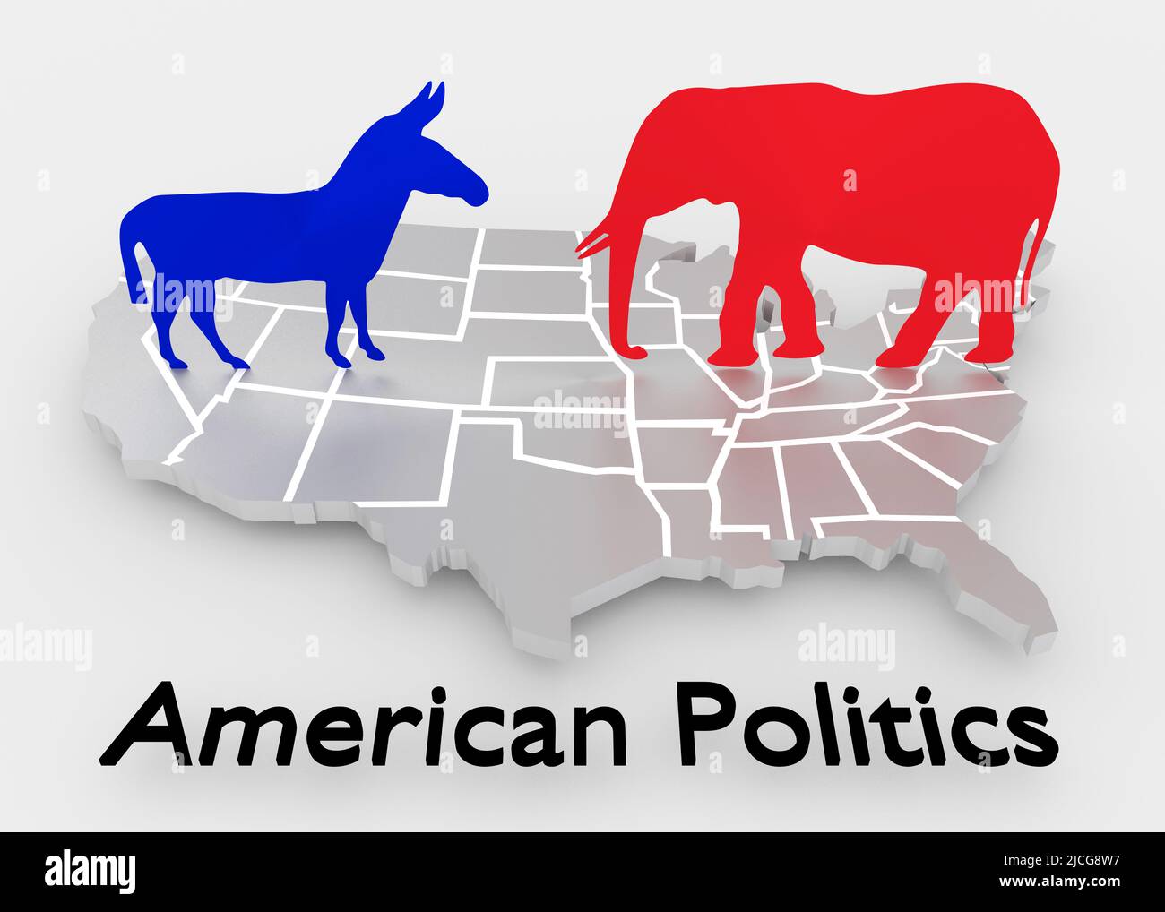 3D illustration of an embossment of the United States of America along with symbolic donkey and elephant, titled as American Politics. Stock Photo