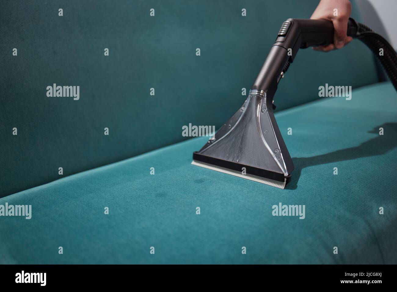 Dry cleaning worker removing dirt from sofa indoors Stock Photo Alamy