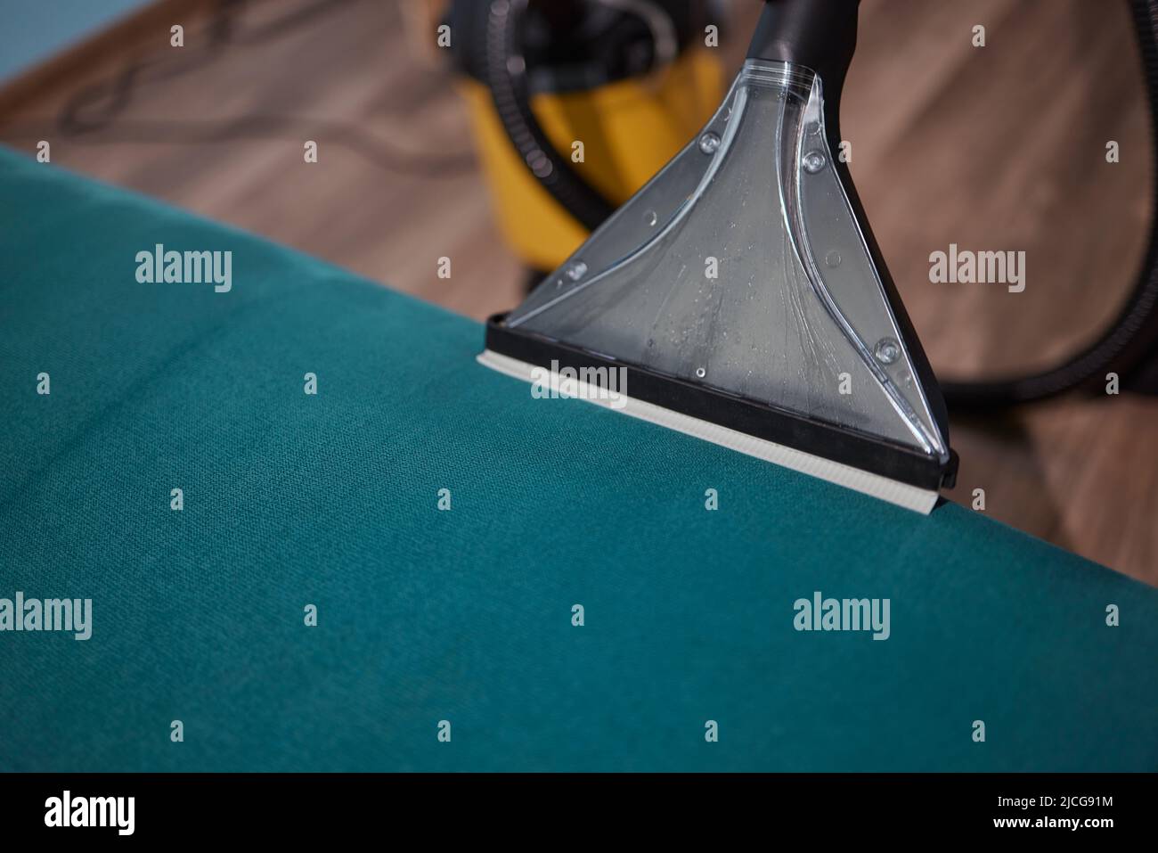Dry cleaning worker removing dirt from sofa indoors Stock Photo Alamy
