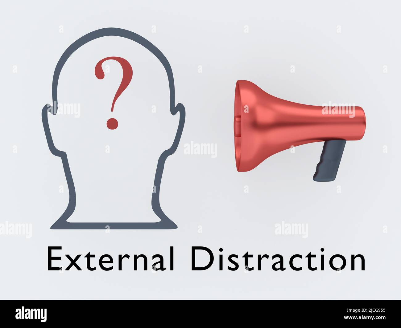 3D illustration of question mark contained in a head silhouette along with a megaphone, over the text External Distraction. Stock Photo