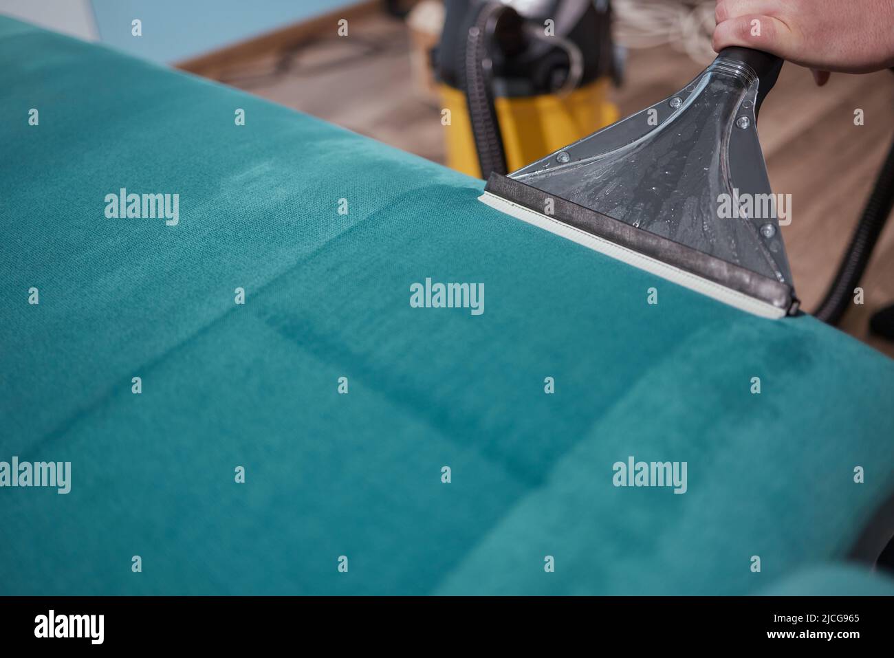 Dry cleaning worker removing dirt from sofa indoors Stock Photo Alamy