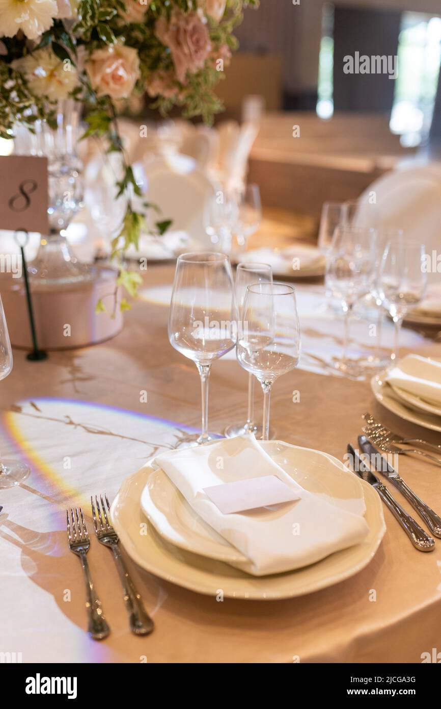 Table set for wedding or another catered event dinner. Stock Photo