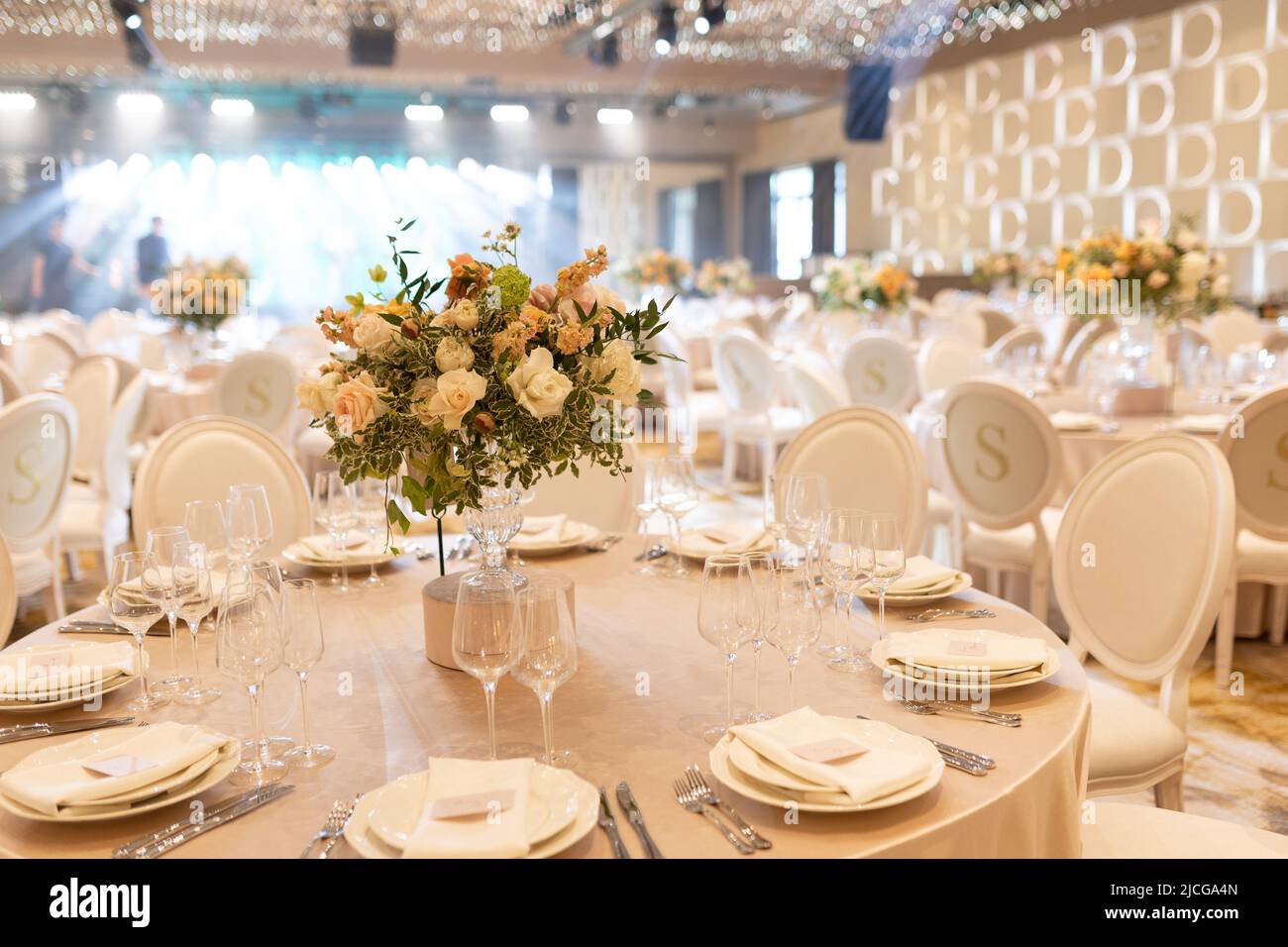Table set for wedding or another catered event dinner. Stock Photo