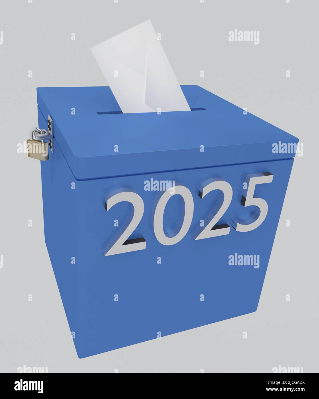 3D illustration of 2025 script on a ballot box, isolated on gray. Stock Photo