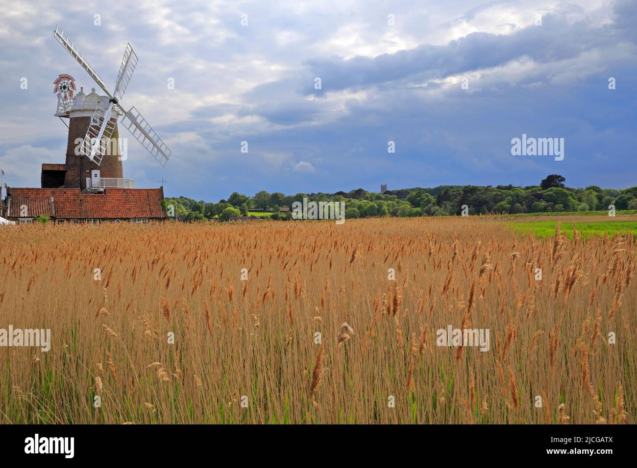Cley windmill by the River Glaven on the Peddars Way and Norfolk Coast Path, Cley on the Sea, Norfolk, England, UK. Stock Photo