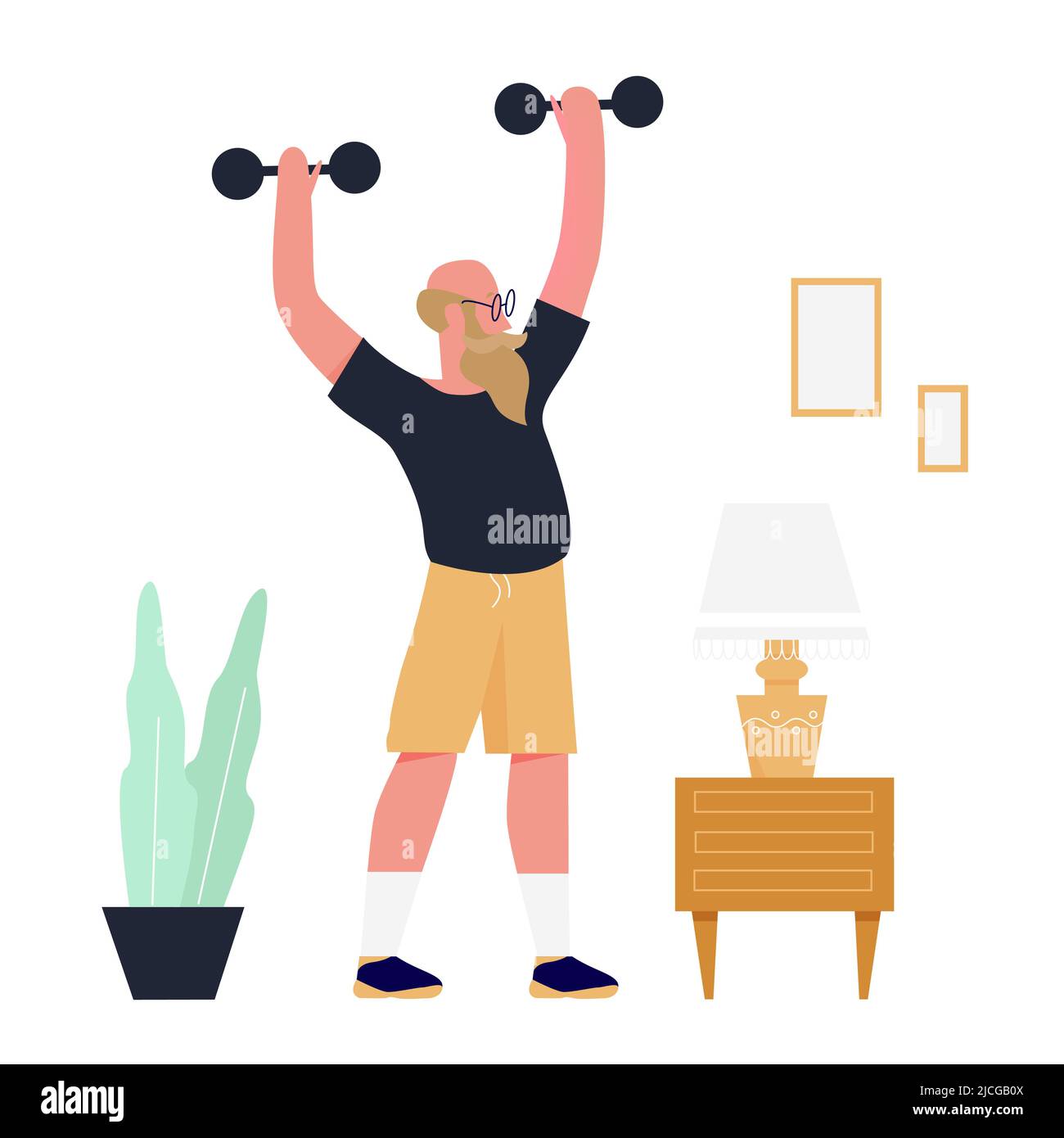 Bearded man workout with dumbbells. Home gym training, active lifestyle vector illustration Stock Vector
