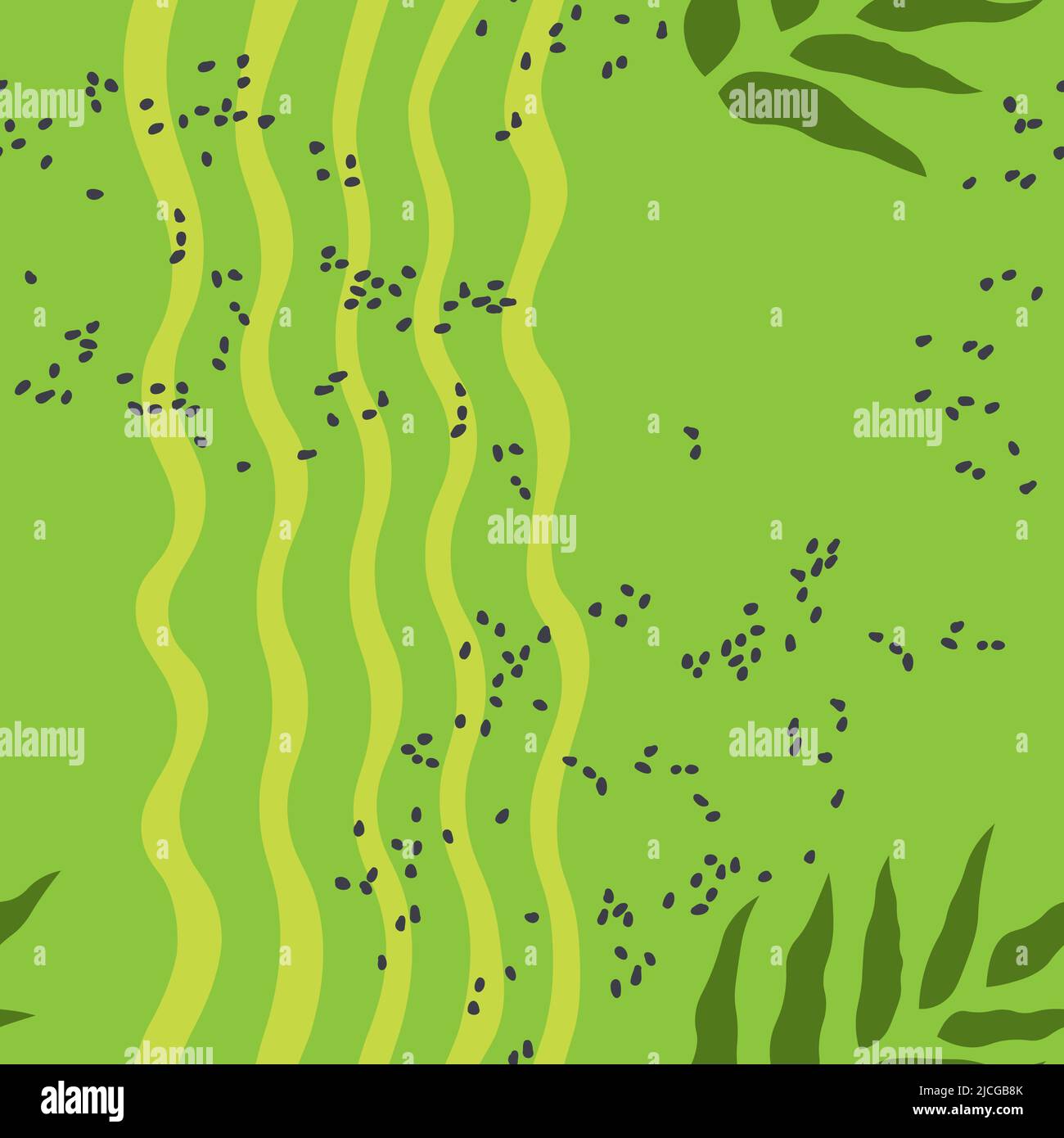 Green abstract vector seamless pattern for design. Vertical curved stripes, leaves and dots. Stock Vector