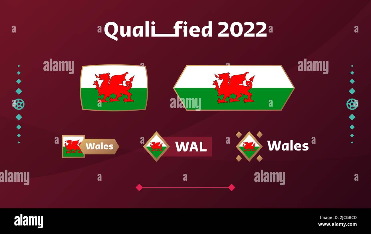 Set of Wales flag and text on 2022 world football tournament background. Vector illustration Football Pattern for banner, card, website. national flag Stock Vector