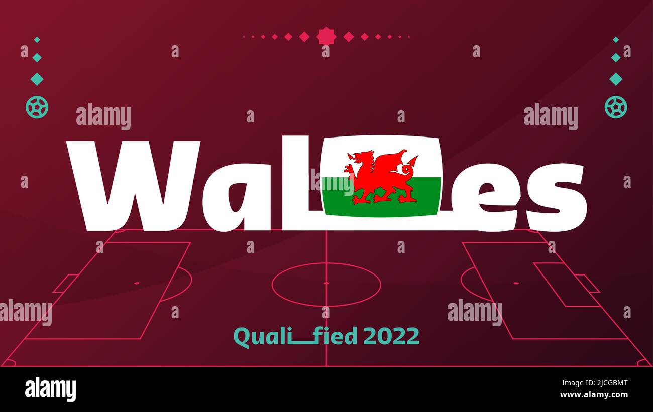 Wales flag and text on 2022 football world tournament background. Vector illustration Football Pattern for banner, card, website. national flag wales. Stock Vector