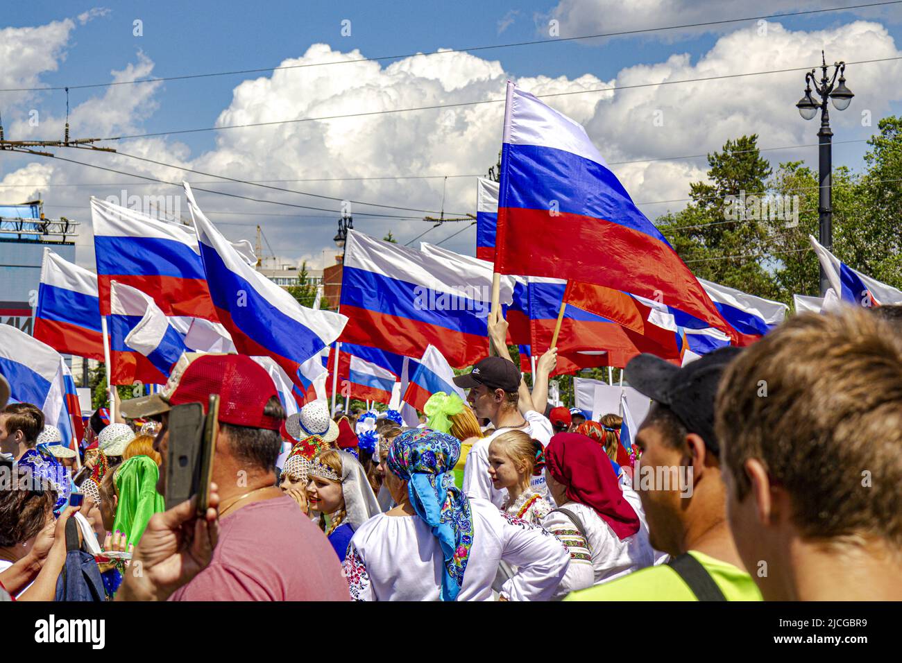 Omsk, Russia. June 12, 2022. Russia Day. Festive procession in honor of Russia Day. Stock Photo
