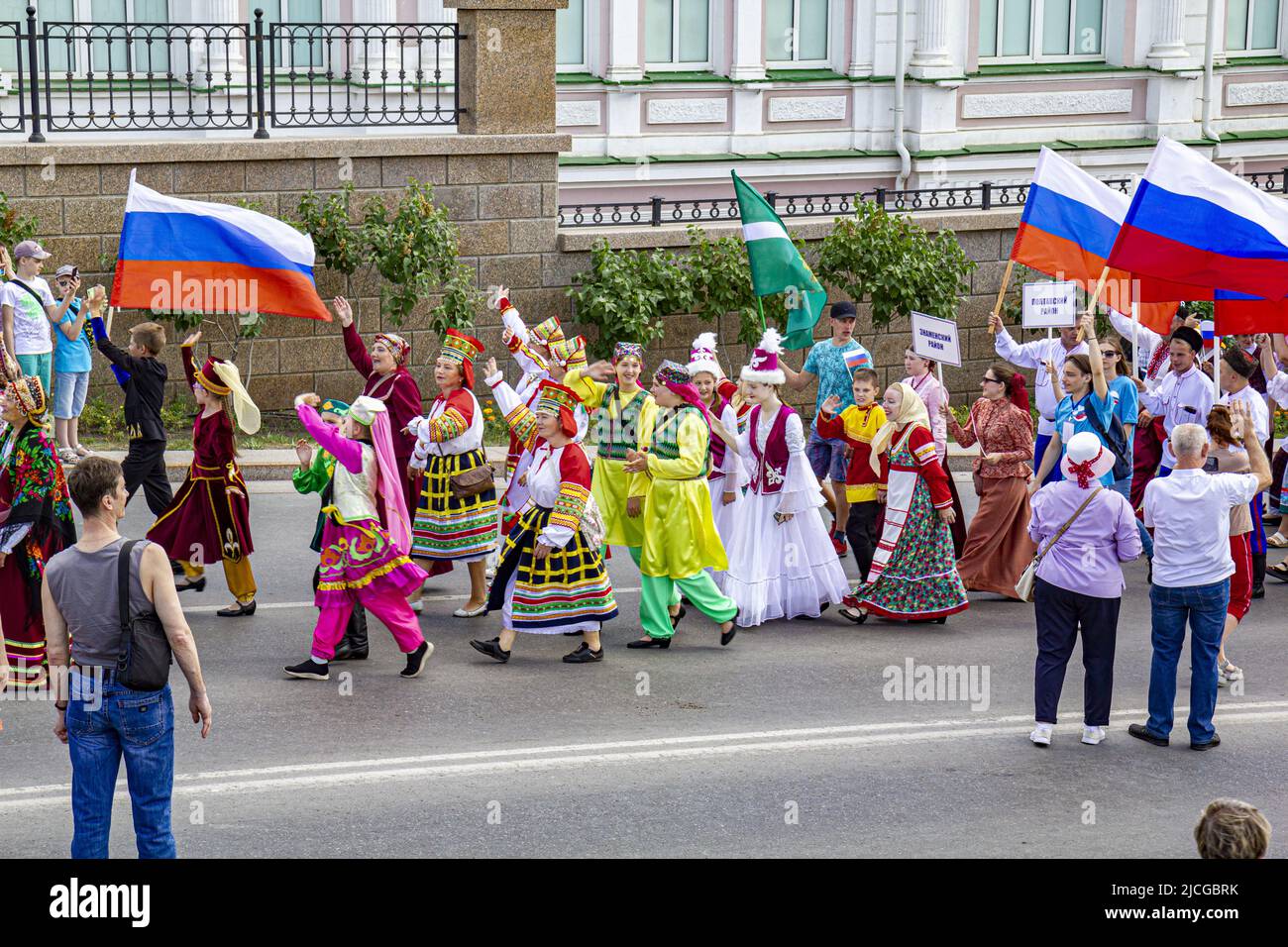 Omsk, Russia. June 12, 2022. Russia Day. Multinational delegation of the Znamensky district. Stock Photo