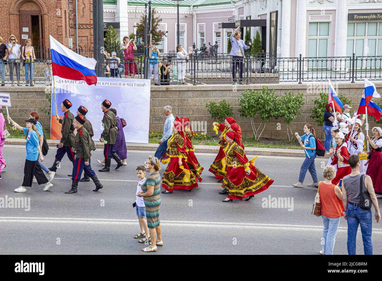 Omsk, Russia. June 12, 2022. Russia Day. A group of representatives of the delegation of Russian Cossacks. Stock Photo