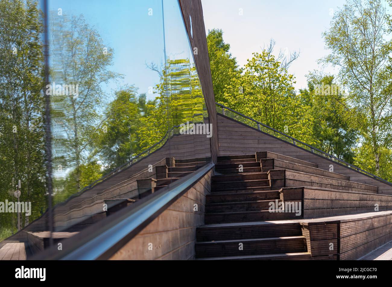 Tychy, Silesia, Poland; June 11th, 2022: Wooden triangular terrace in ...