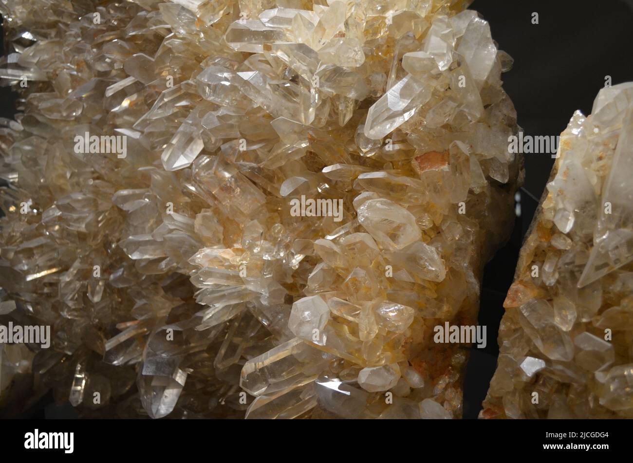 Group of semi precious quartz crystals growing together in a large
