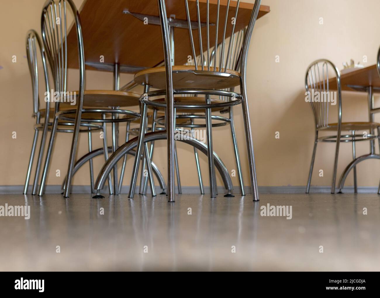 school kitchen canteen, metal table and chair legs, canteen equipment, catering establishment