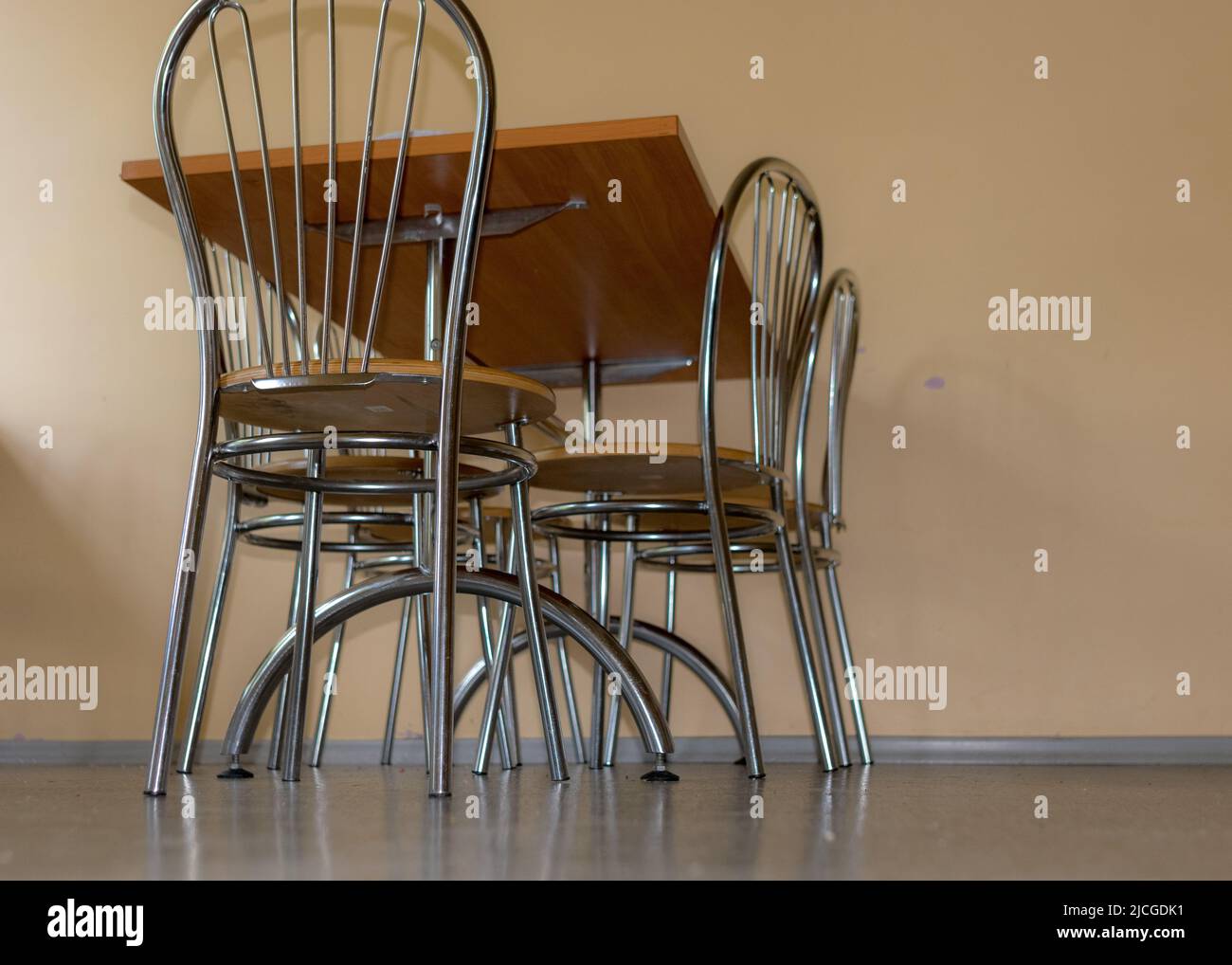 school kitchen canteen, metal table and chair legs, canteen equipment, catering establishment