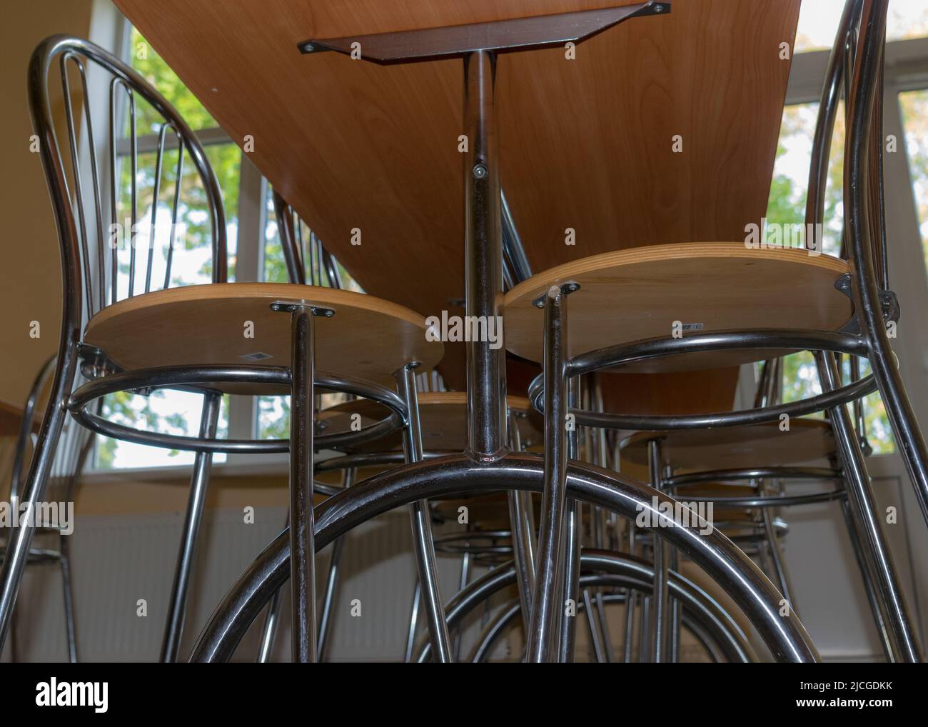 school kitchen canteen, metal table and chair legs, canteen equipment, catering establishment