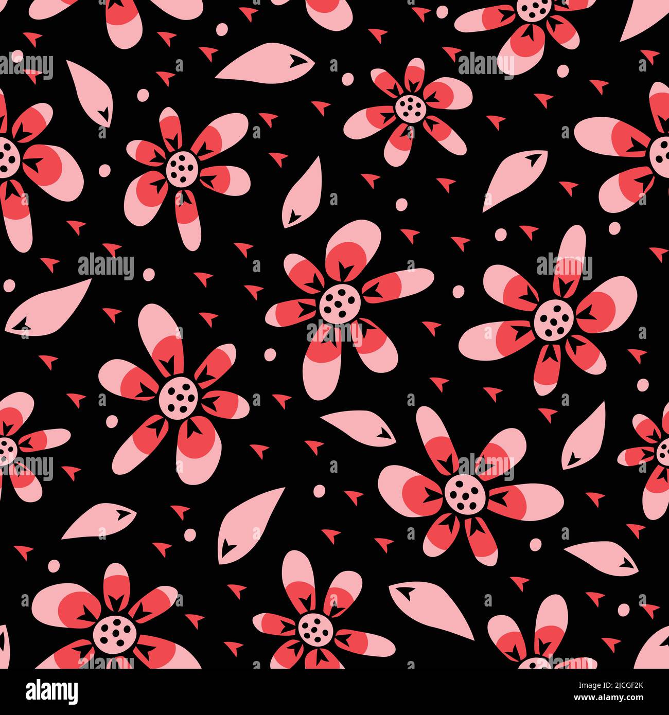 Seamless vector pattern with pink flowers o black background. Simple hand drawn floral wallpaper design. Daisy meadow fashion textile. Stock Vector