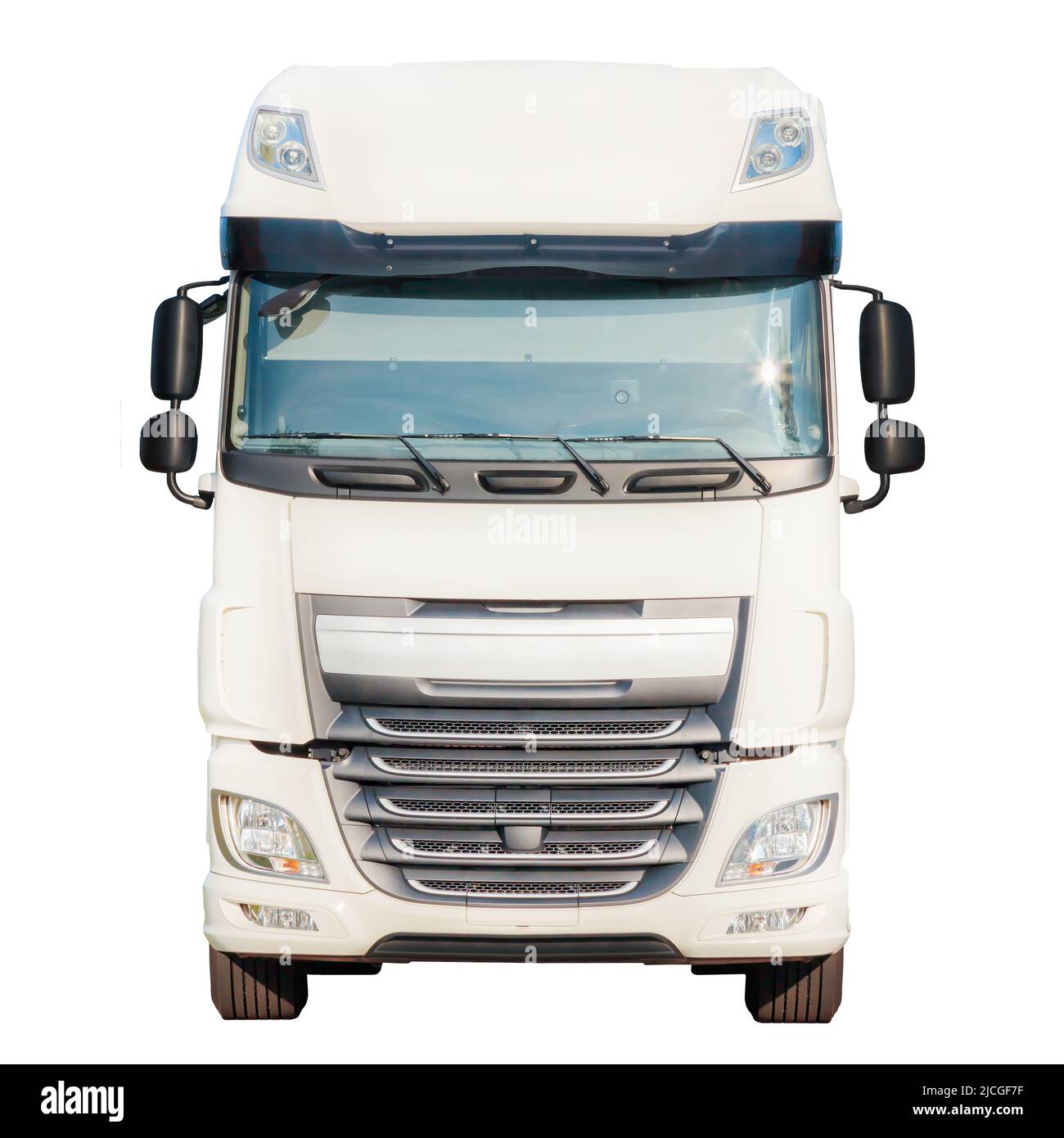 Front view of a new large white cargo truck isolated on a white background Stock Photo