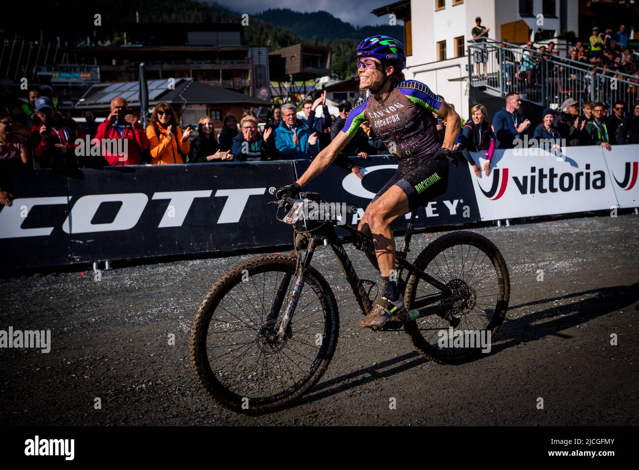 Loana Lecomte of France won at the World Cup of shorttrack mountain bikes in Leogang, Austria, June 11, 2022. (CTK Photo/Jaroslav Svoboda) Stock Photo