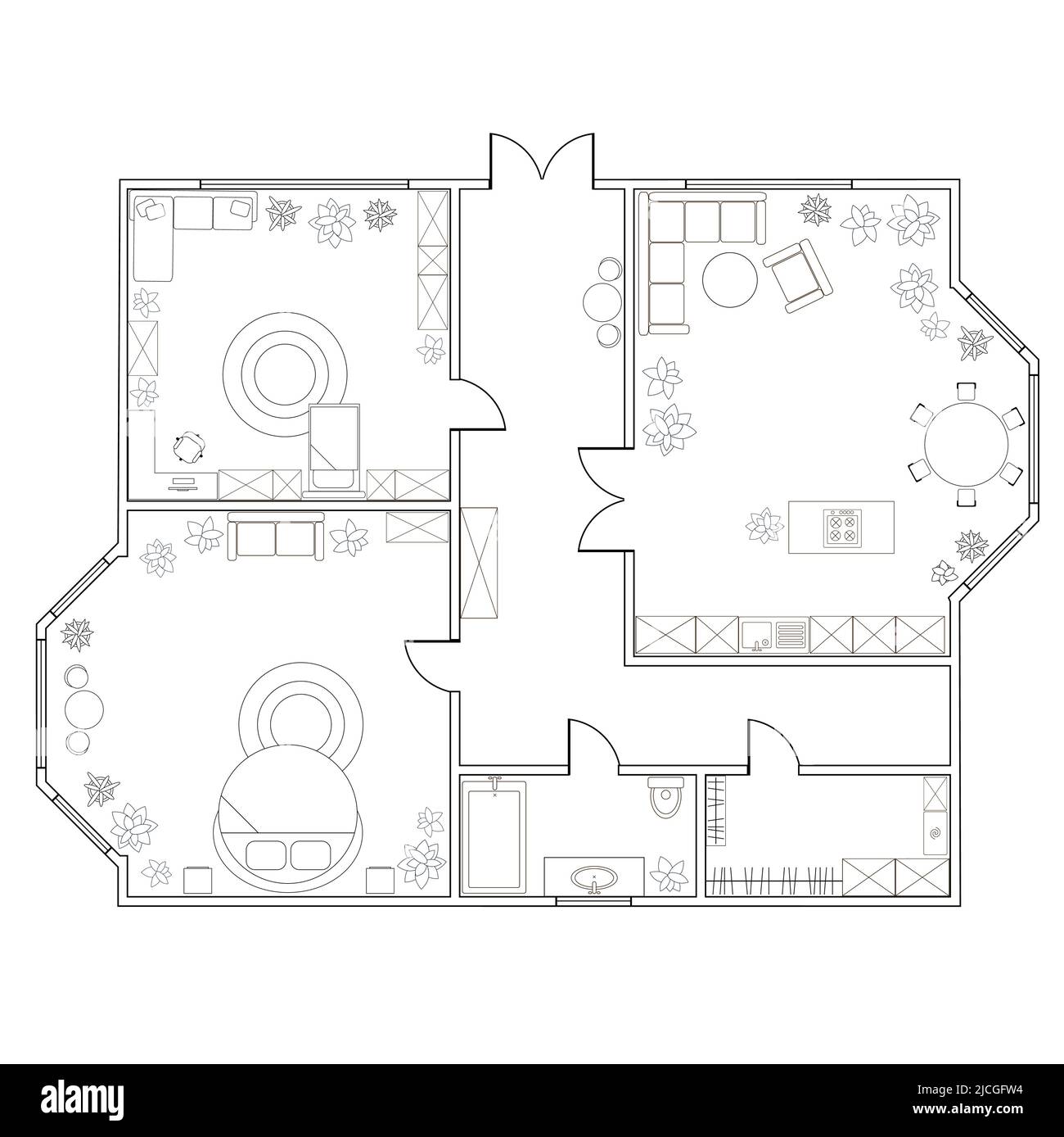 Abstract plan of two-bedroom apartment, with kitchen, bathroom, bedroom, living room. Vector illustration EPS8 Stock Vector