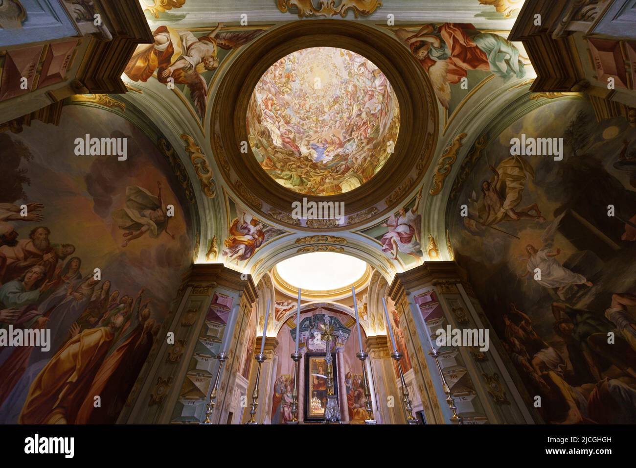 Interior of the Sanctuary of Varallino, at Galliate, in Novara province, Piedmont, Italy, with paintings and sculptures Stock Photo