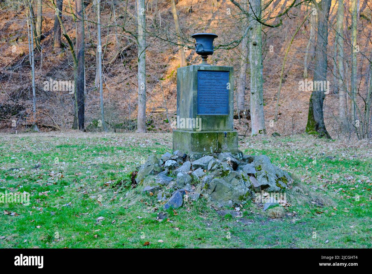Seifersdorfer Tal, Wachau, Saxony, Germany: Memorial 'Dedicated to Moritz and Rural Delights' on the Singers' Meadow. Stock Photo