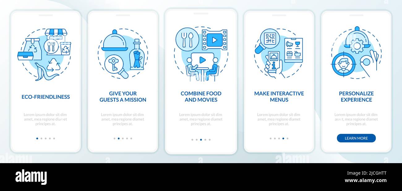 Unusual dining experiences blue onboarding mobile app screen Stock Vector