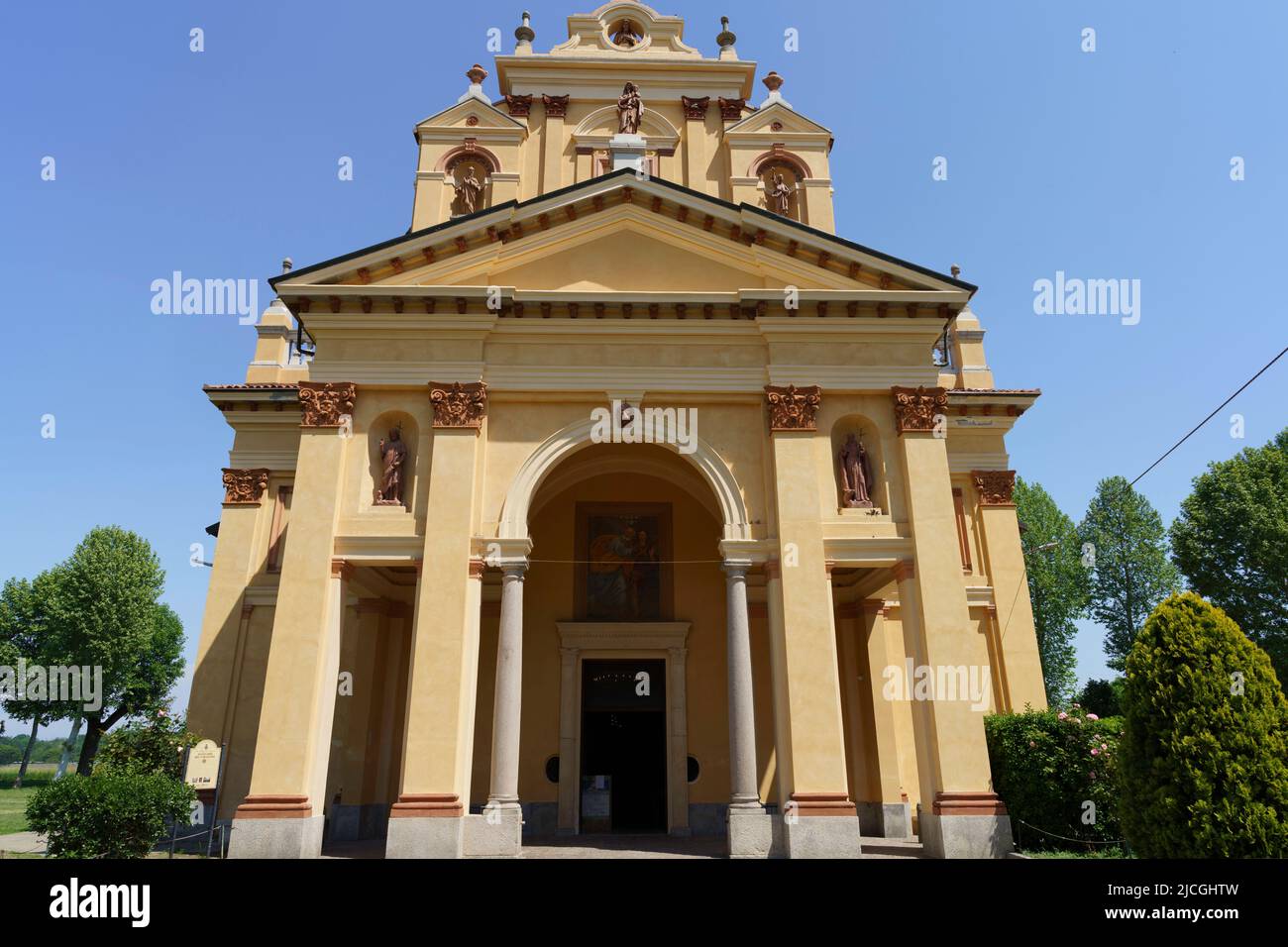 Facade of the Sanctuary of Varallino, at Galliate, in Novara province, Piedmont, Italy, with paintings and sculptures Stock Photo
