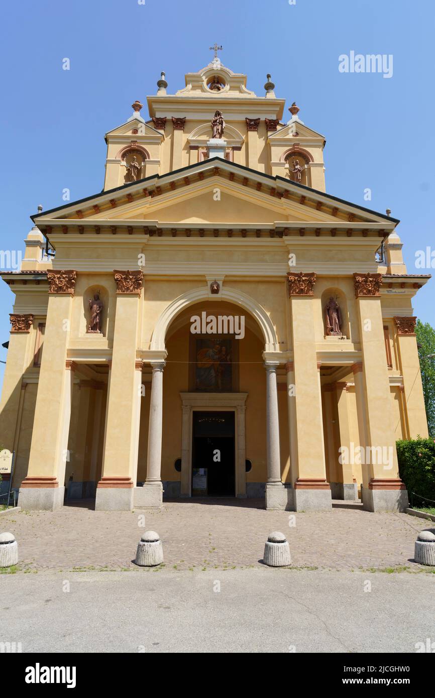 Facade of the Sanctuary of Varallino, at Galliate, in Novara province, Piedmont, Italy, with paintings and sculptures Stock Photo