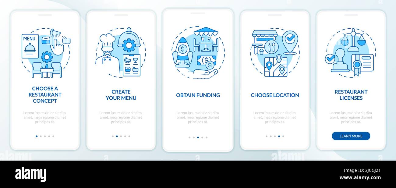 Starting restaurant steps blue onboarding mobile app screen Stock ...