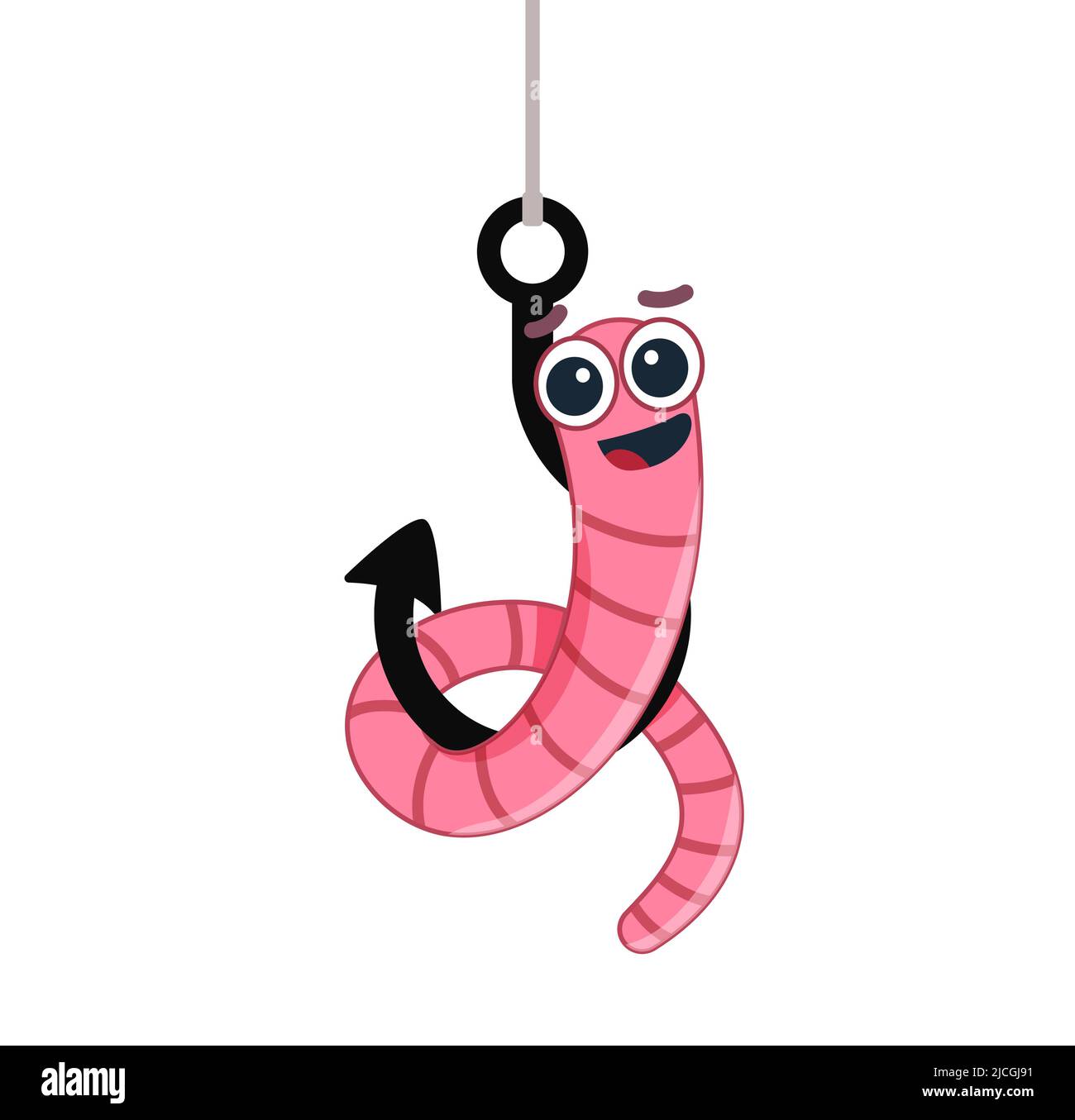 Cartoon worm on a hook. emotion. isolated on a white background. vector illustration. character icon Earthworm. flat style. Crawling animal creature. Stock Vector