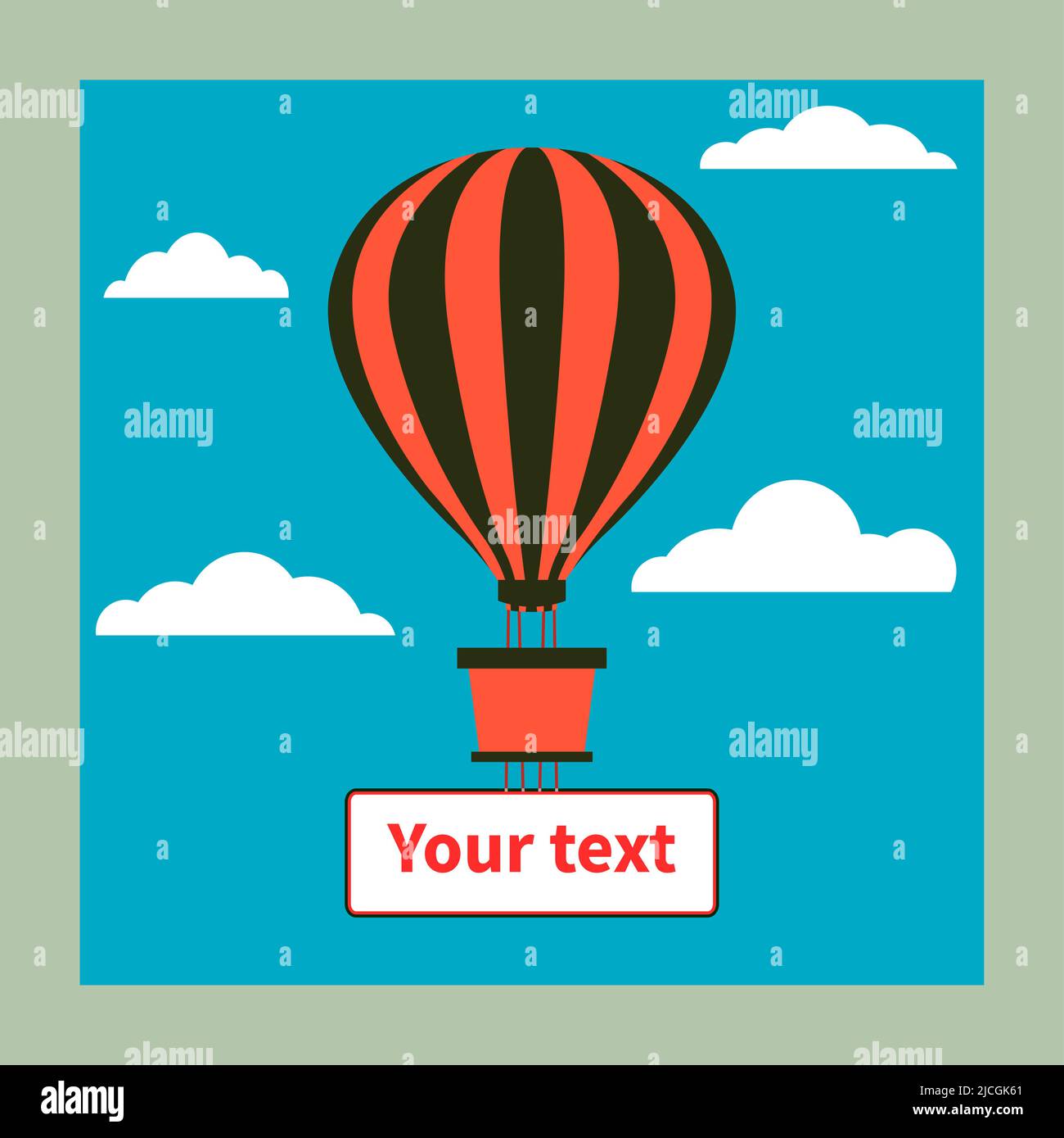 Hot air balloon with striped dome and basket in blue sky. Colorful hot air balloon flies among white clouds. Banner for text under basket. Business, a Stock Vector