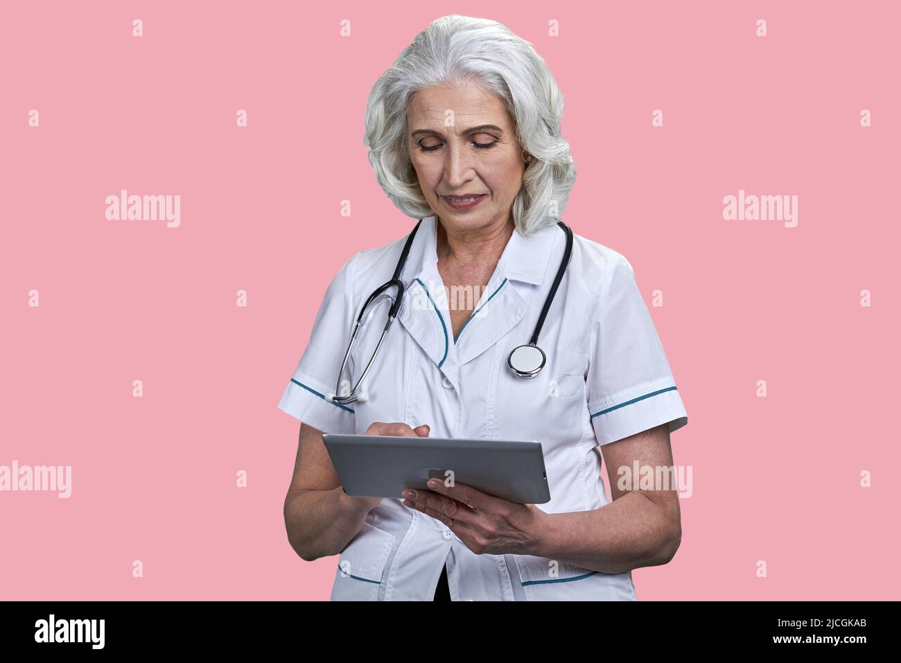 Mature female doctor using digital tablet on pink background. Senior woman doctor looking at computer tablet. Stock Photo