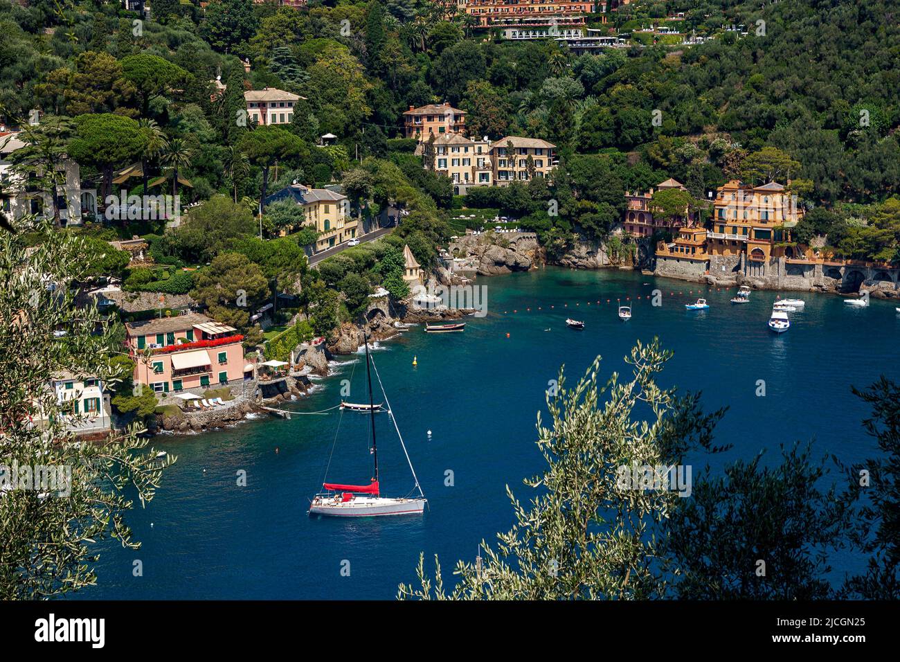 Aerial view of yacht and boats in the bay of Portofino in Liguria, Italy. Stock Photo