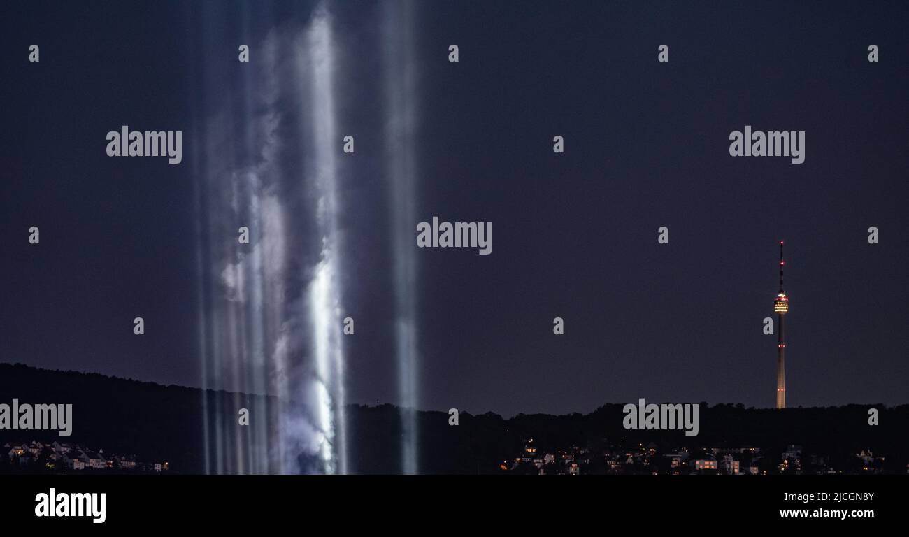 The Stuttgart TV Tower with concert lighting and fireworks from a nearby Rammstein  concert Stock Photo
