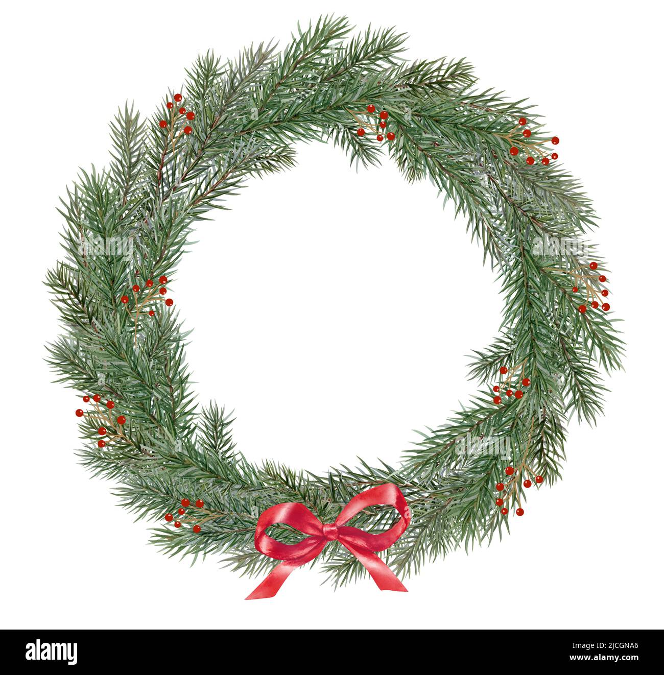 Christmas wreath of fir branches, with a red bow, watercolor ...