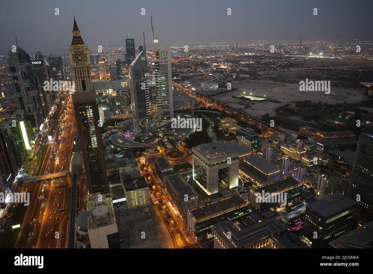 Dubai Sheikh Zayed Road birds eye view Stock Photo Alamy