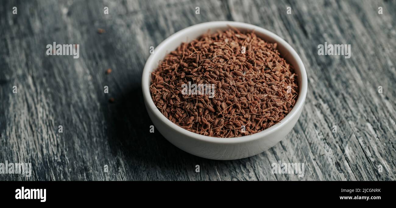 closeup of a white ceramic bowl with some dry anise seeds, on a rustic gray wooden table, in a panoramic format to use as web banner or header Stock Photo