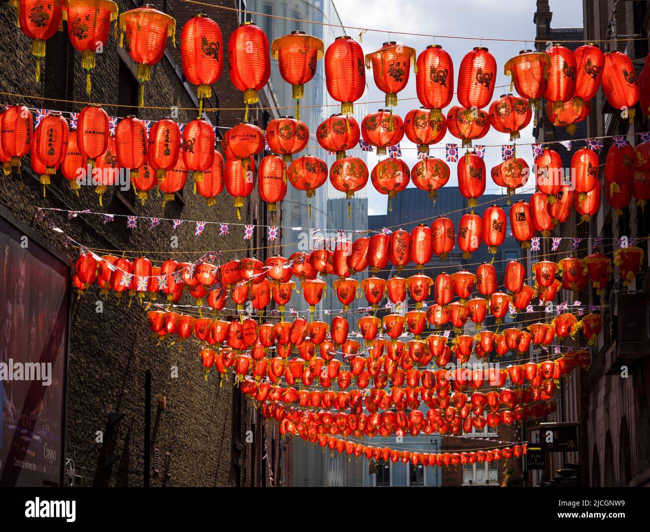 Red Chinese lanterns, China Town, London, England, UK, GB. Stock Photo
