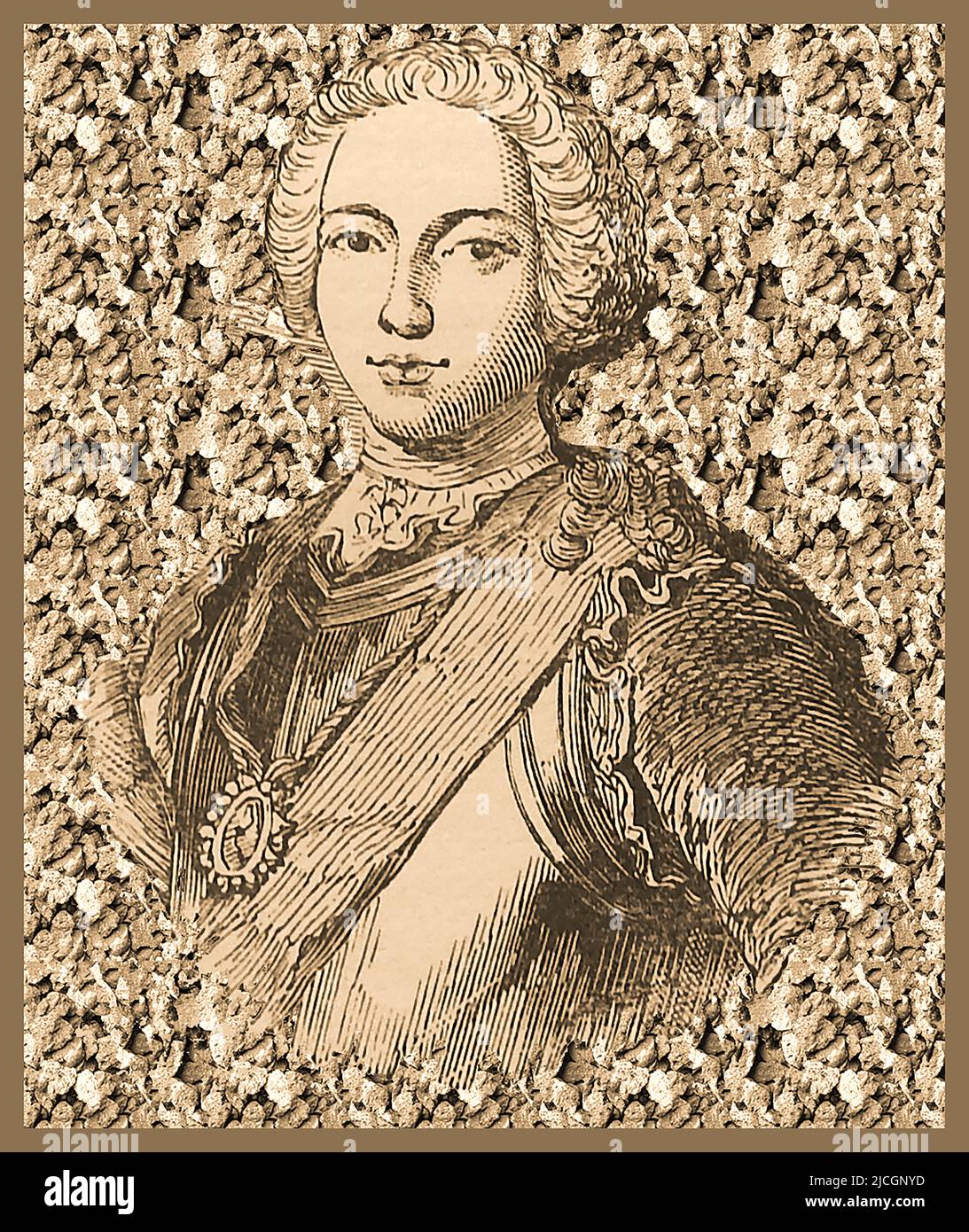 An old engraved portrait of Prince Charles Edward Stuart, (Bonnie Prince Charlie) who had the full name Charles Edward Louis John Casimir Sylvester Severino Maria Stuart  (1720 –  1788). He was both born and died at the Palazzo Muti, Rome, Papal States and buried in St. Peter's Basilica, Vatican City Stock Photo