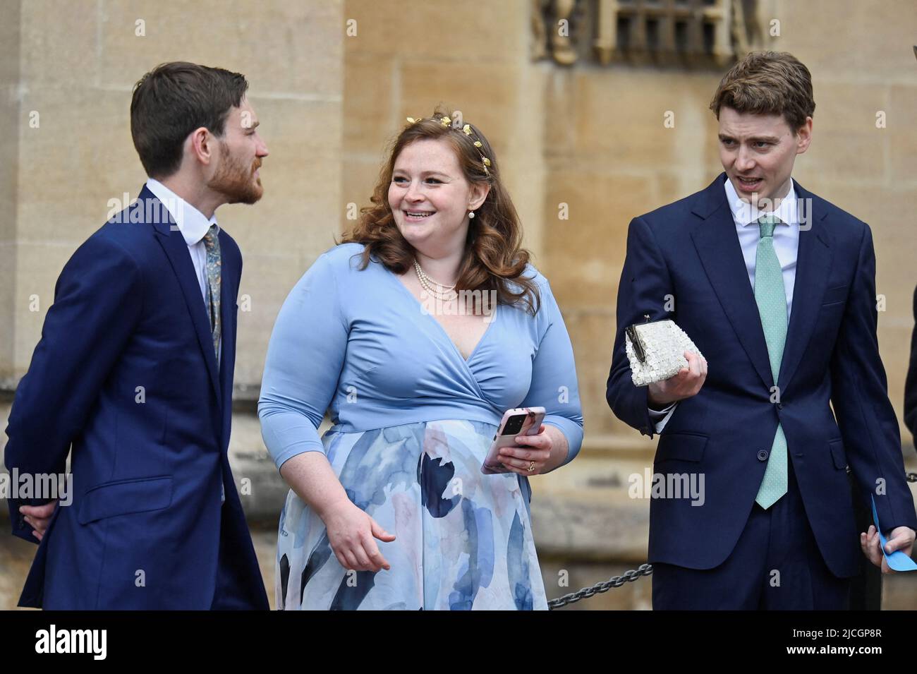 Former Prime Minister Sir Tony Blair's children Kathryn, Euan (right) and Nicky Blair (left) arriving for the annual Order of the Garter Service at St George's Chapel, Windsor Castle. Picture date: Monday June 13, 2022. Stock Photo