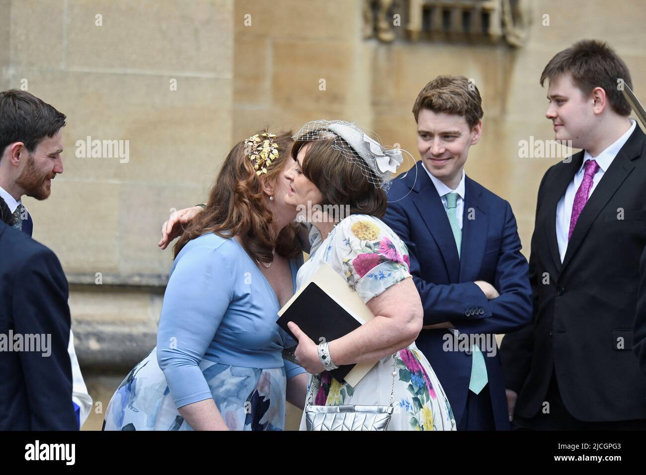 Former Prime Minister Sir Tony Blair's wife Cherie Blair (centre) and their children Kathryn, Euan (centre-right), Leo (right) and Nicky Blair (left) arriving for the annual Order of the Garter Service at St George's Chapel, Windsor Castle. Picture date: Monday June 13, 2022. Stock Photo