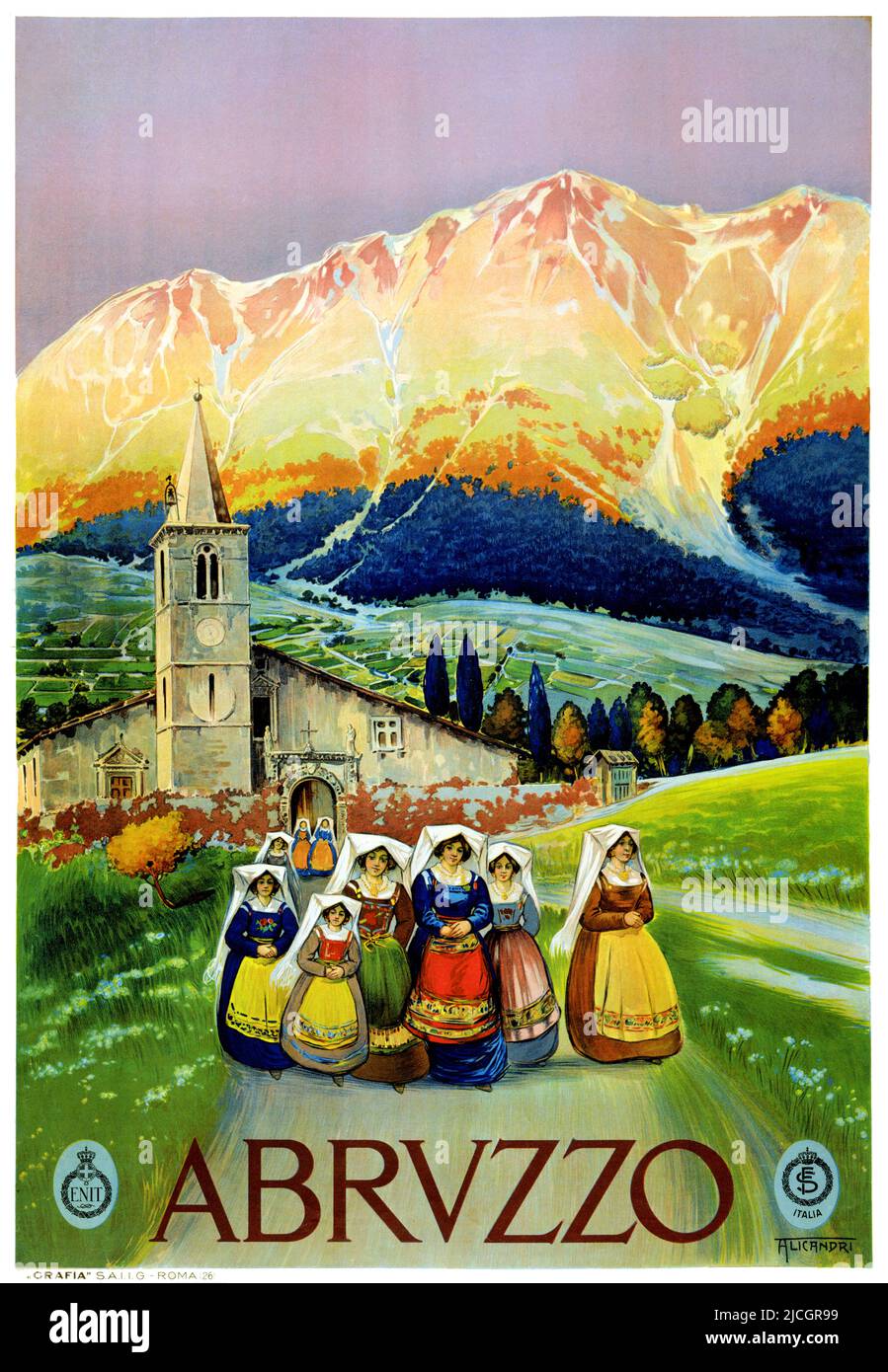 Abruzzo by Vincenzo Alicandri (1871-1955). Poster published in 1928 in Italy. Stock Photo
