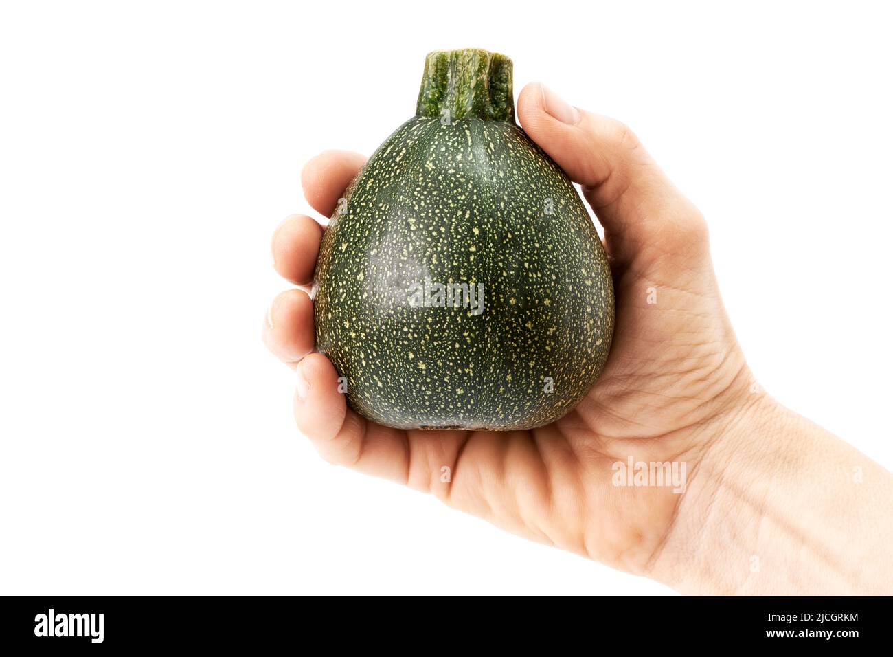 Hand of a woman holding green ball zucchini. Healthy food Stock Photo