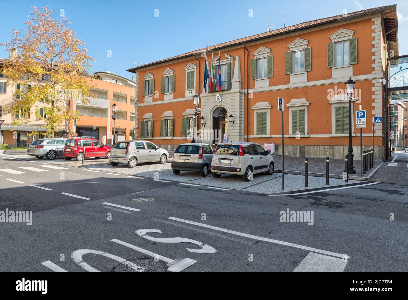 Center of the Oggiono town with the town hall, square Garibaldi. Oggiono is a small town on Lake Annone in northern Italy, province of Lecco Stock Photo