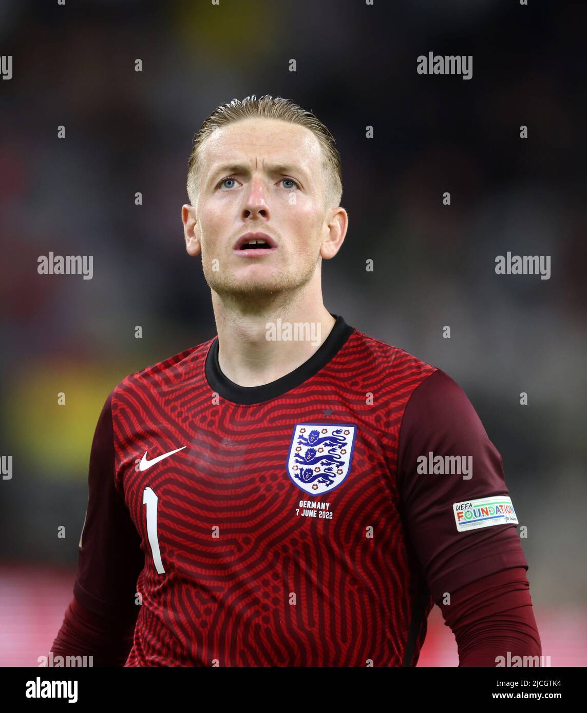 Jordan Pickford of England MUNICH, GERMANY - JUNE 07:  UEFA Nations League League A Group 3 match between Germany and England at Allianz Arena on June 07, 2022 in Munich, Germany. Nations League Deutschland England  © diebilderwelt / Alamy Stock Stock Photo